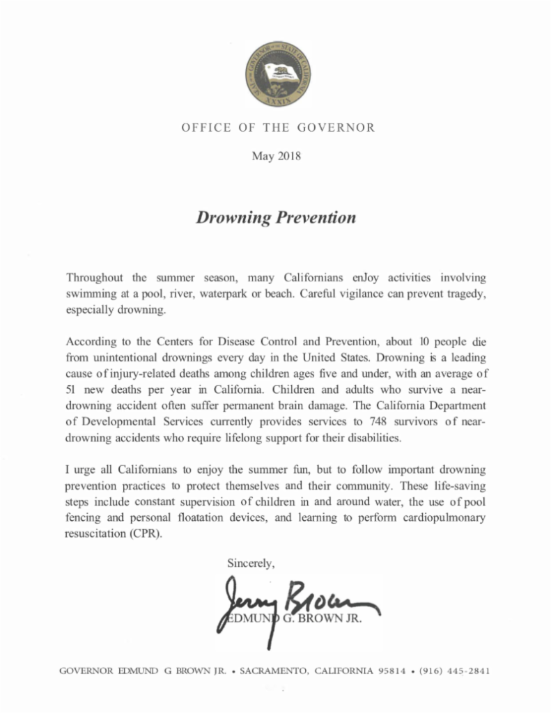 water safety and prevention Governor Brown issued the Drowning Prevention