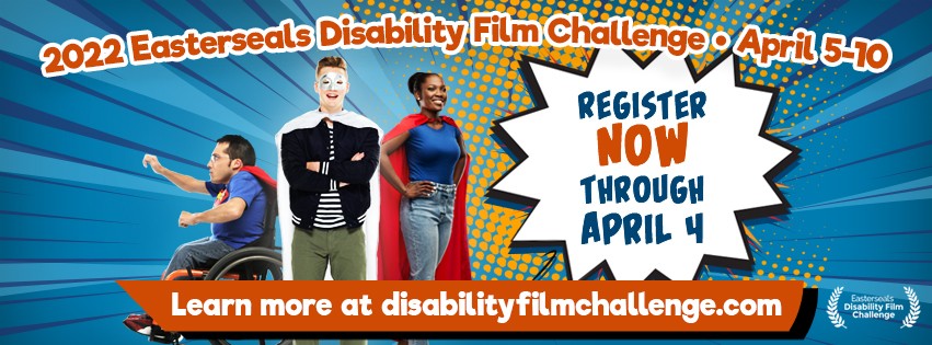 Image of three people with disabilities in super hero costume promoting the 2022 Disability FIlm Challenge