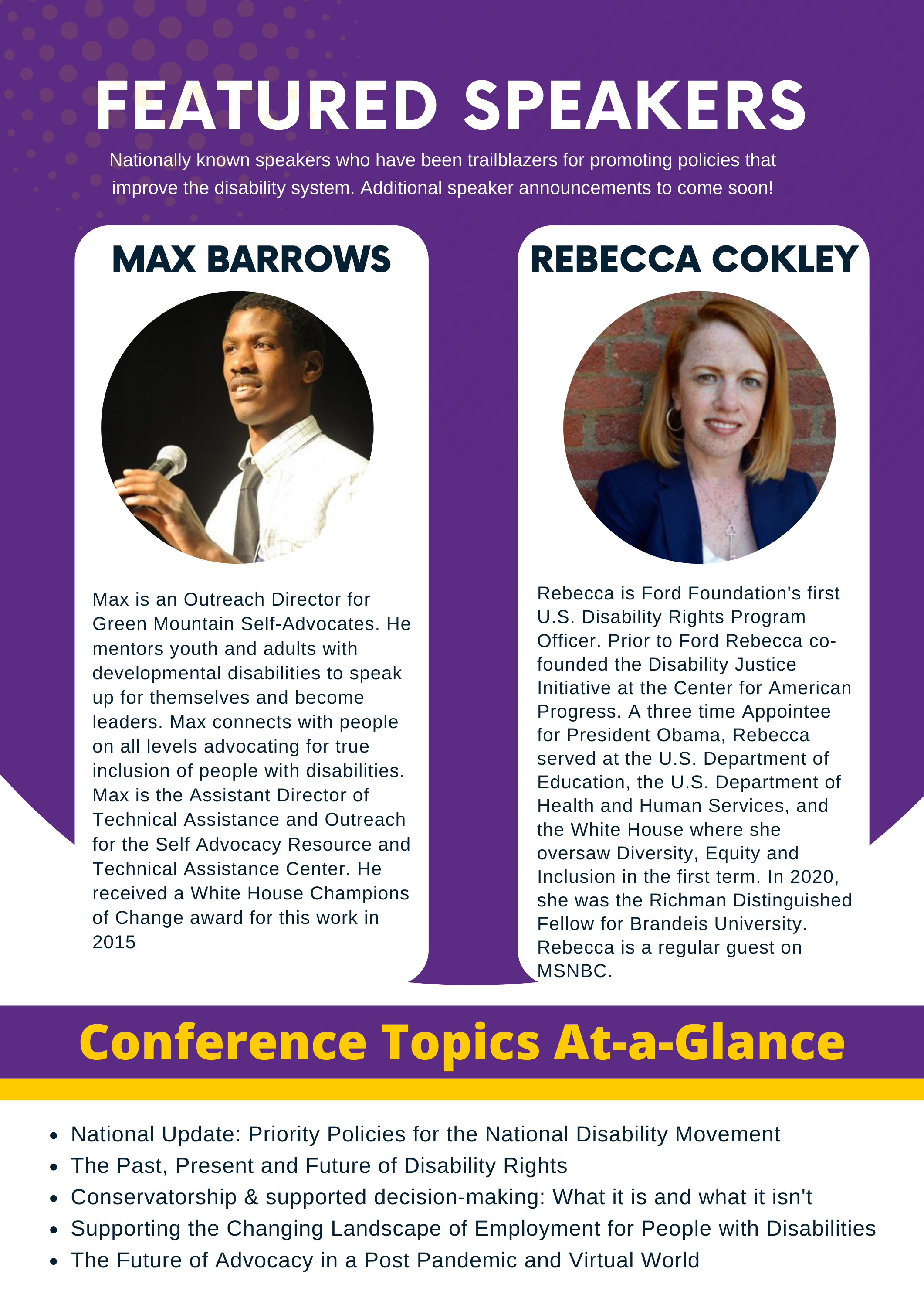 Featured speakers Max Barrows and Rebecca Cokley headshots and bios