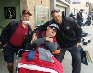 Joe Meadows with friend Job in front of River Cats Stadium before the game