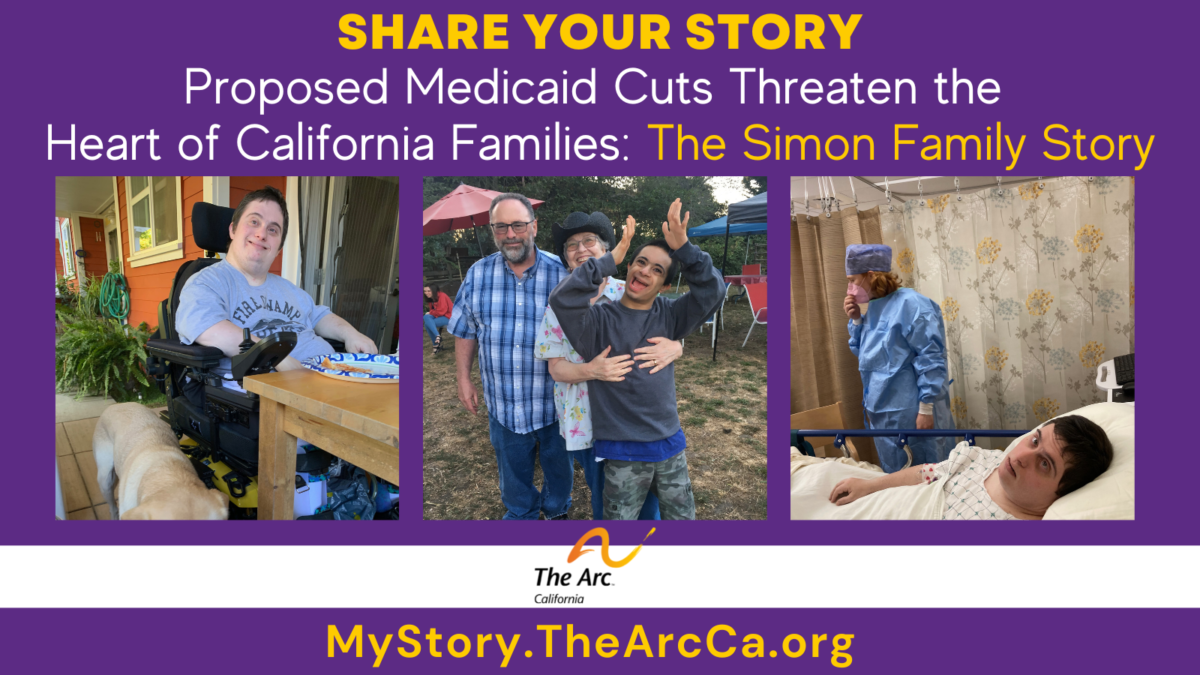 Share Your Story the Simon Family Story. Pictures of young man with Down syndrome in wheelchair and in hospital bed, and his brother with parents.