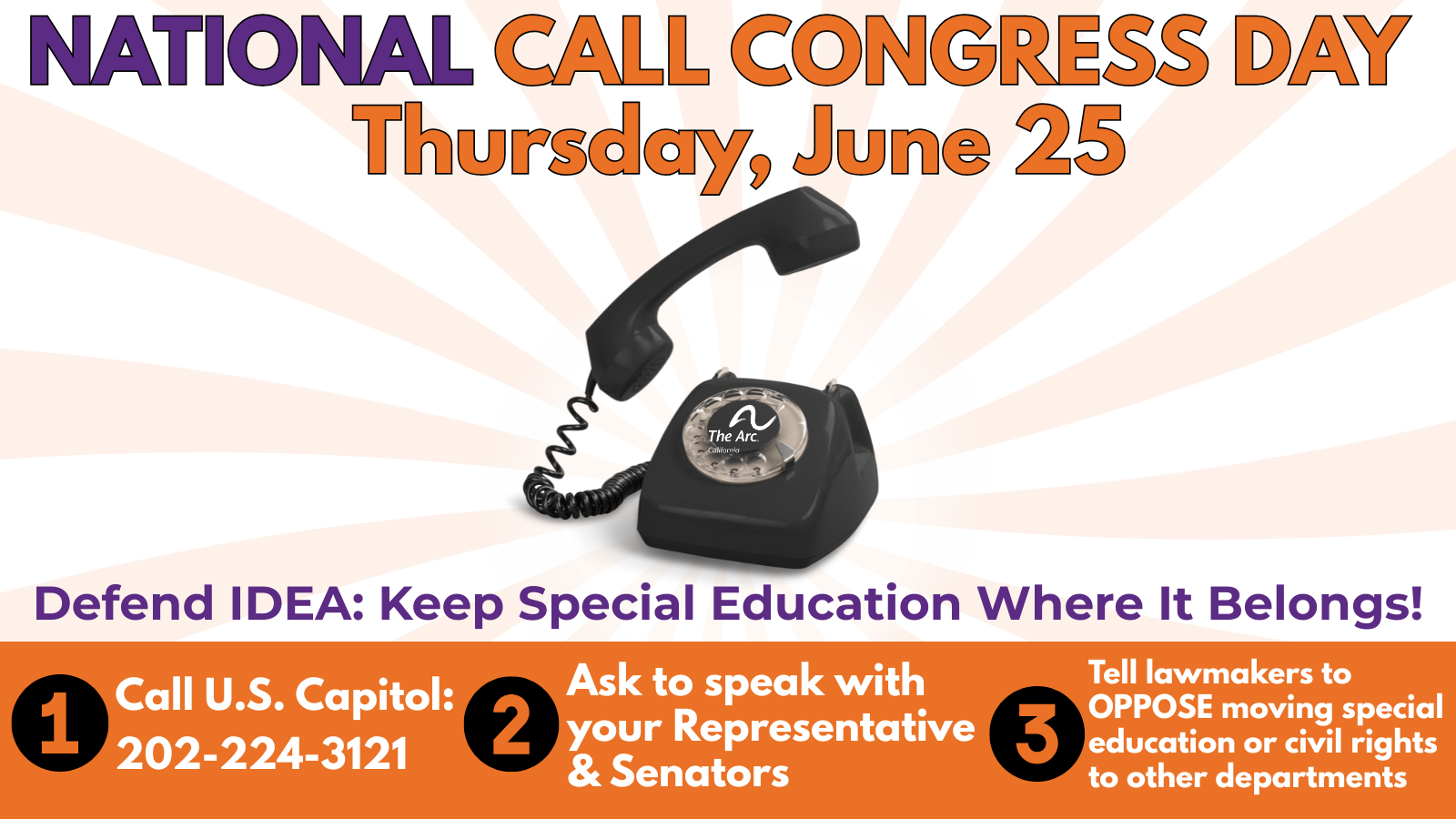 National Call Congress Day, Thursday, June 25. Call 202-224-3121 and ask for you members of congress. Then tell them to defend special education and keep it where it is.