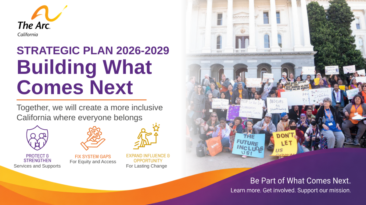 Strategic Plan 2026 to 2029 for The Arc of California. Building What Comes Next. Image of a group of advocates in front of state capitol holding signs.