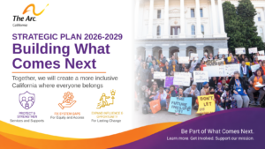 Strategic Plan 2026 to 2029 for The Arc of California. Building What Comes Next. Image of a group of advocates in front of state capitol holding signs.